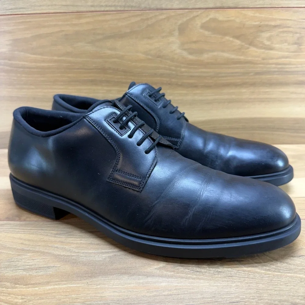 HUGO BOSS Black Leather Oxfords‎ Mens US 9 UK 8 Black Leather Slip On Stretch